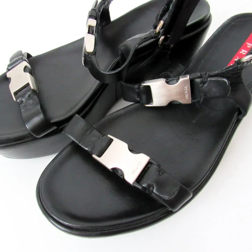 PRADA 90’s VINTAGE Black Sporty Open Toe Platform Sandals W/Metal Buckles Size-9